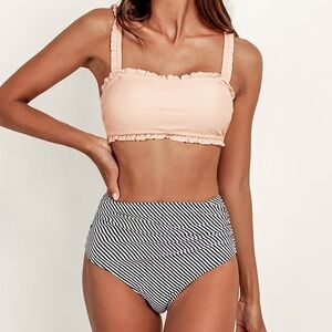 Cupshe Peach Ruffle Bandeau with Striped Bottom